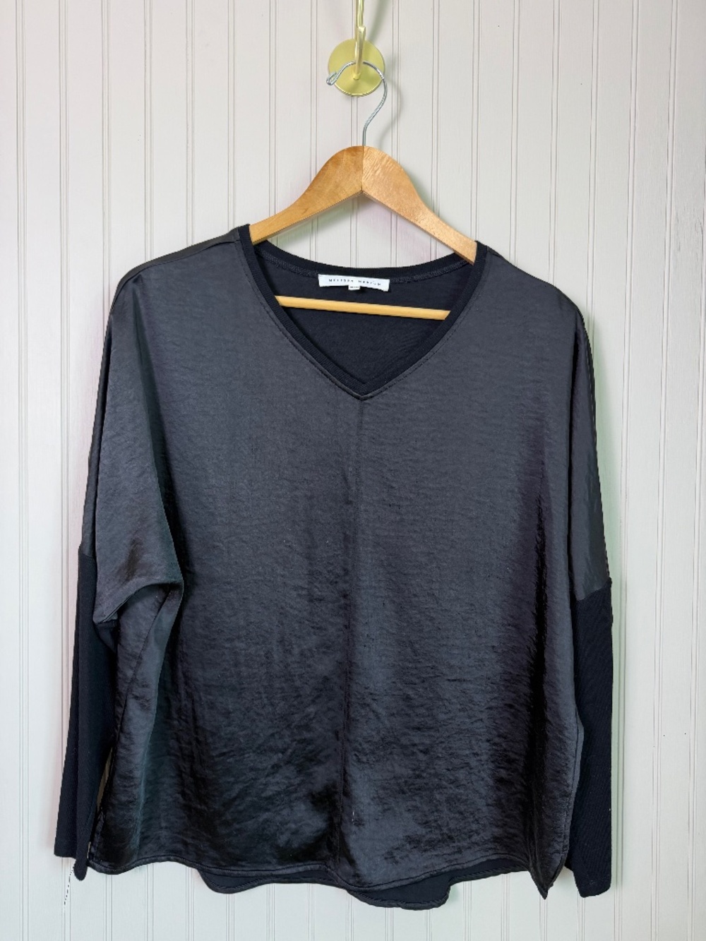 Melissa Nepton Black Satin V-Neck Blouse Size M Long Sleeve Mixed Media Top